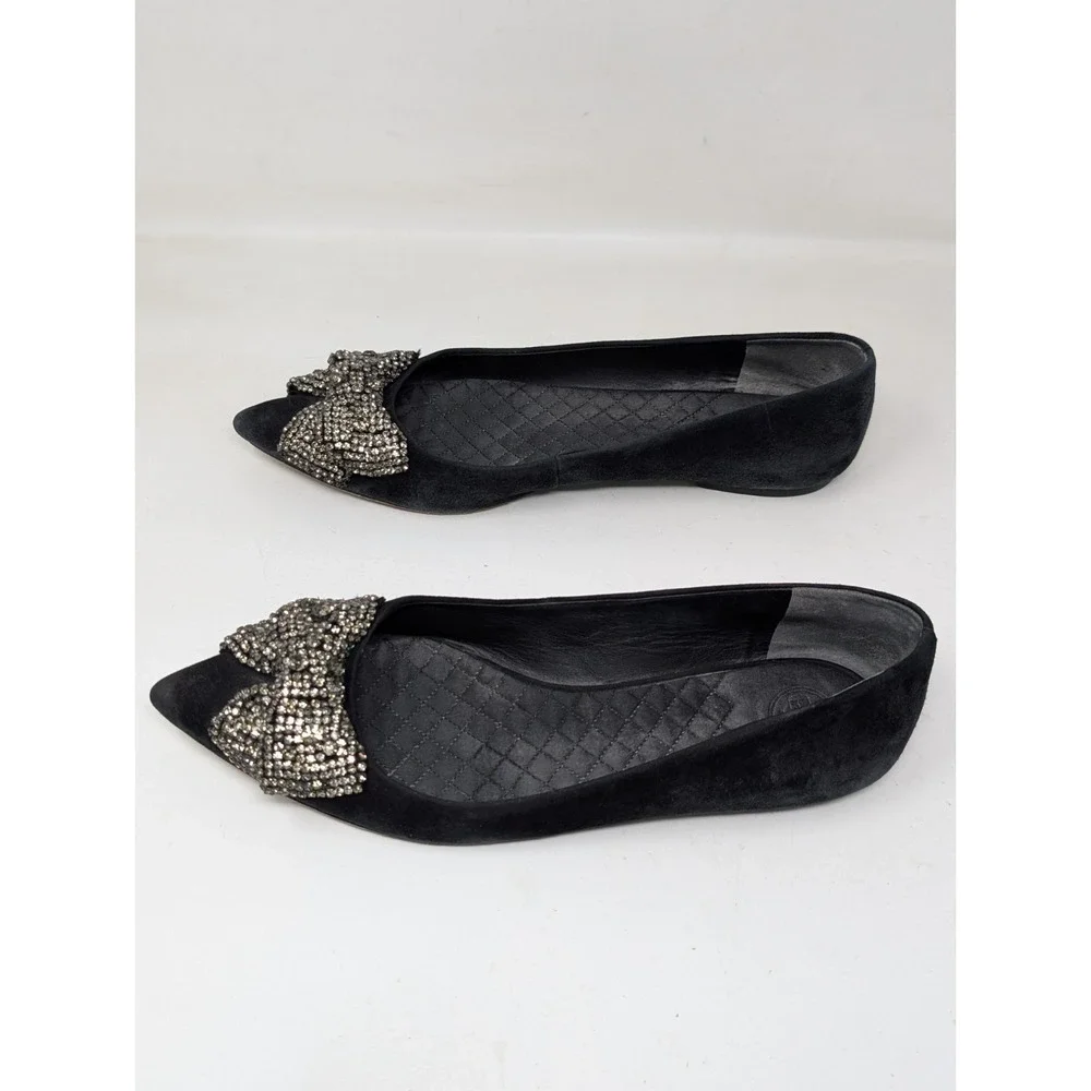 Tory Burch Esme Crystal‎ Rhinestone Bow Flats Black Suede Women's Size 9 M Shoes